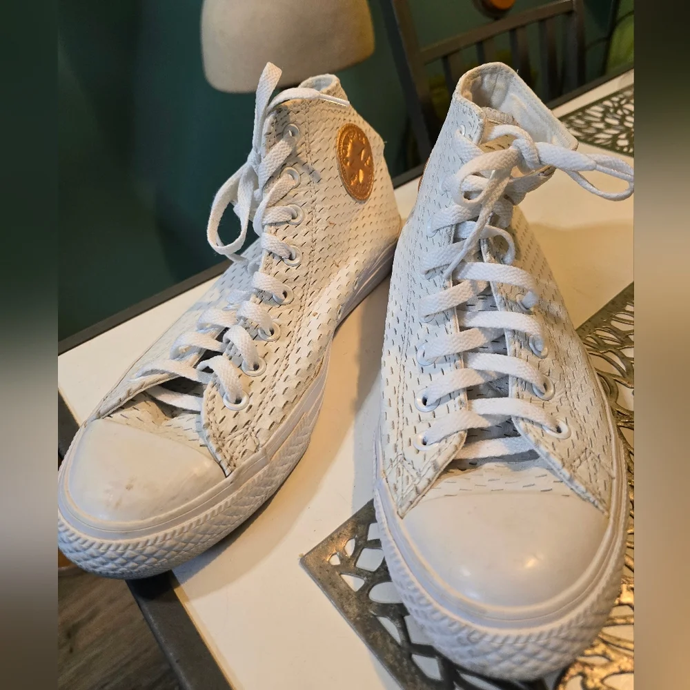 Converse White Perforated Leather Chuck Taylor High-Top Sneakers - Picture 4 of 8